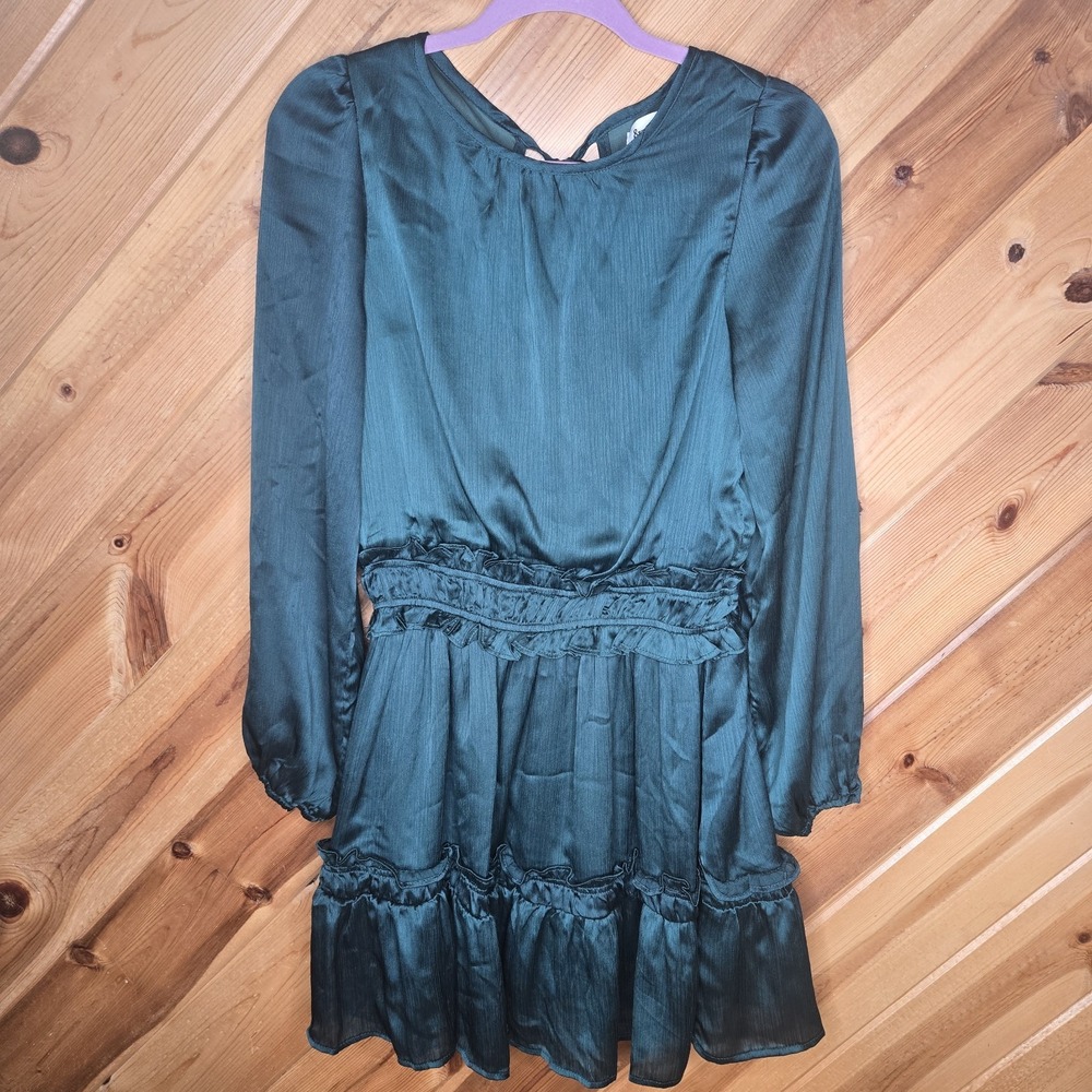 &Merci Womens Small‎ Emerald Green Holiday NYE Tiered Short Dress Long Sleeve